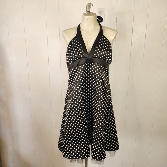 Vintage Dresses & Skirts - Vintage 1990s Black Polka Dot Satin Halter Dress Tulle Rockabilly Size Medium